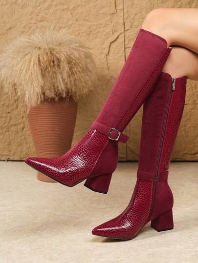 秋冬性感时尚搭扣装饰尖头粗跟休闲百搭侧拉链酒红色女士过膝长靴，红色高跟鞋