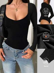 VIVINA 女士夏季纯色简约休闲圆领修身连体衣，百搭女士上衣，女士圆领长袖连体衣，保暖内衬面料，中等弹力，黑色 - 黑色 - 查看 3