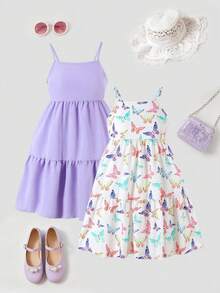 2pcs Toddler Girls' Butterfly Print Camisole Dress Set - Multicolor - View 1