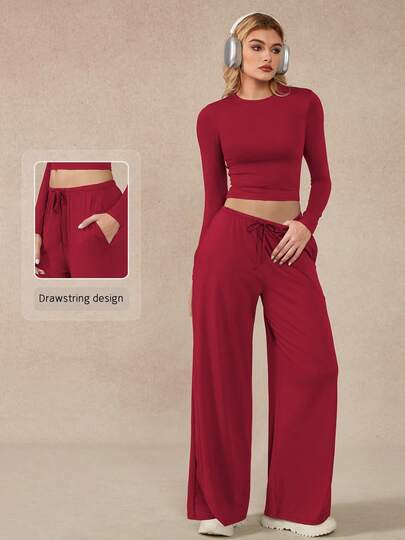 NcmRyu 1 set haut à manches longues et pantalon de sport femme, col rond, couleur unie, taille élastique, jambes larges, poches, style décontracté