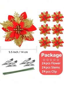 72/36pcs Artificial Poinsettia Glitter Christmas Flower Decoration Set, Red Gold Christmas Fake Flower Decoration, Artificial Flower Christmas Tree Decoration With Clips And Flower Branches, Christmas Wreath Decoration, Window Fireplace Decoration, Christmas Diy Wreath, Holiday Accessories For Christmas Party Decoration, Christmas Tree Decoration, Artificial Christmas Tree Pendant Decoration, New Year Wedding Party Decoration - Multicolor - View 20