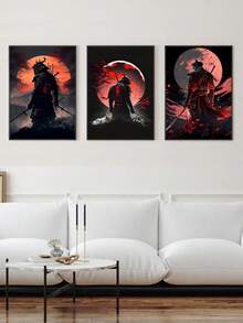 3幅神秘武士对抗红月山峦的壁画，可选画框 - 黑色 - 查看 6