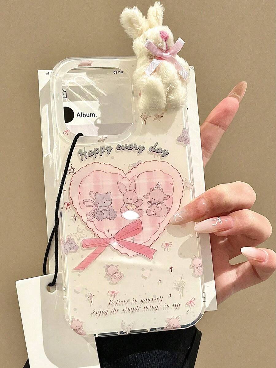 可爱兔子元素时尚3D毛绒蝴蝶结爱心动物涂鸦果冻手机壳，适用于 17 Pro Max 17 Pro 17 Air 16 15 Pro Max 14 13 Pro 12 Pro 16 Plus 11，柔软糖果色保护套，复活节兔子礼物