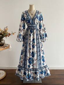 Rusttydustty 女士蓝色波西米亚风茶会日常印花V领露背长款连衣裙，长袖高腰，充满假日气息 - 藍白色 - 查看 1