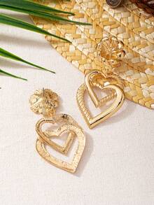 1对时尚波西米亚风花朵爱心耳环 - 金色 - 查看 3