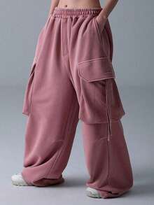 Men's Casual Cargo Pants, Multi-Pocket Wide Leg Outdoor Trousers, Pink - Pink - View 4