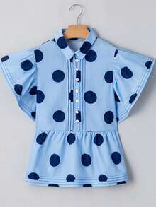Women's Sky Blue Polka Dot Blouse - Chic & Feminine Ruffled Short Sleeve Shirt - 藍色 - 查看 12