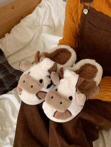 Women's Warm Plush Cartoon Cow Pattern Slippers, Comfortable And Fashionable Indoor Slippers For Winter