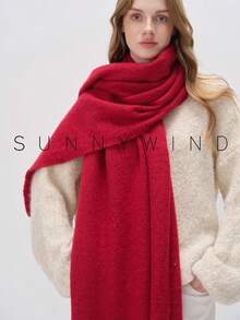 1pc Women's Solid Color Polyester Soft & Warm Scarf, For Daily Use - Red - View 2