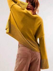 Suéter de cuello redondo de manga larga de unicolor, talla grande, otoño/invierno - Amarillo - Ver 3