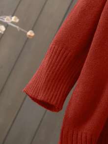 Große Größen V-Ausschnitt einfarbiges Strick Lässig Kleid, Herbst/Winter - Rot - Übersicht 4