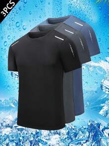 3件装男士夏季休闲运动速干透气短袖T恤，带反光标志，面料柔软舒适，适合健身、跑步和户外活动 - 彩色 - 查看 1