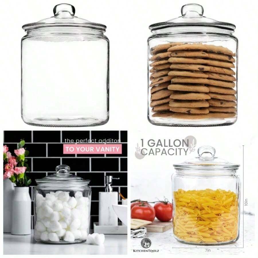 1 Gallon Glass Cookie Jar - Large Food Storage Container with Airtight Lid - Keep Flour, Chewy Pet Treats, Candy, Dried Foods, Detergent Pods Your Kitchen or Laundry Room - Pack of 1 - inicial - Ver 1
