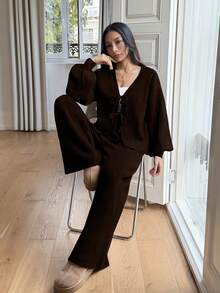2pcs Knitted Tie-Up Cardigan + Wide Leg Pants Set, Casual & Slimming European & American Ins Style Fashion Outfit For Women
