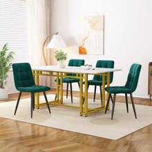 Gold Dining Table 120x70 Cm With 4 Chairs, Modern Kitchen Set, Dark Green Velvet Dining Chairs, Table With Gold Iron Legs - Dark Green - View 2