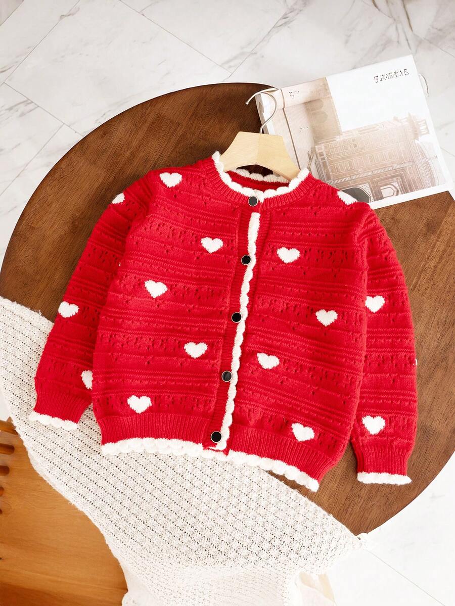 Girls' Heart Pattern Button Front Cardigan - Red - View 1