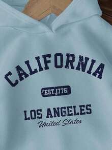 Winter Clothes For WomenTween Girl Casual Hooded Thick Sweatshirt, College Style Numeric & Camouflage Leaf Print, Campus Vibe, Citywalk, Street Atmos - 淺藍色 - 查看 3