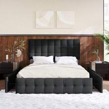 (=622122AAS) Upholstered Bed With 4 Drawers, Double Bed With Slatted Frame, Bed With Storage, Height Adjustable Headboard And Square Stitching Design, Metal Slat Support, Linen Material (140*200, Black) - 黑色+亞麻 - 查看 12