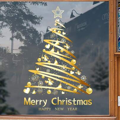 Weihnachtsdekoration, statisch haftende Fensteraufkleber, Glastüraufkleber, festliche Atmosphäre, neuer goldener Weihnachtsbaum
