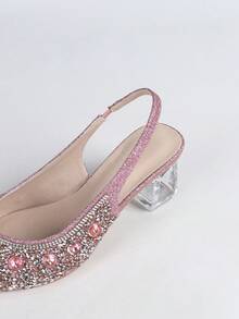 Women's Fashion High Heel Sandals, Pointed Toe High Heels, Sparkling Rhinestone Decor, Transparent Crystal Asymmetric Heel, Elastic Strap Backless High Heel Sandals, Lightweight Comfortable Insole, Suitable For Party, Wedding, Business, Date Night!,Spring Summer Outfits - Pink - View 10