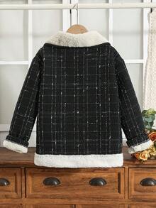 青少年女孩格子印花热衬里前扣长袖黑色夹克 - 黑色 - 查看 2