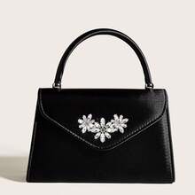 闪亮蝴蝶结装饰女士时尚晚宴包，新款高端婚礼/宴会手提包，仿丝奢华晚礼服包，适合婚礼、新娘、晚会 - 黑色 - 查看 9