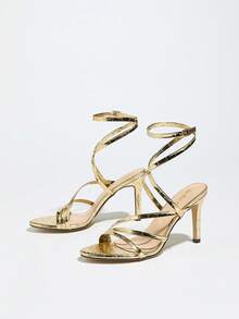 Giày cao gót mũi nhọn quai kim loại dành cho nữ, giày cao gót vàng lấp lánh gợi cảm và thời trang, thích hợp cho trang phục mùa xuân hè. - Vàng - Xem 7