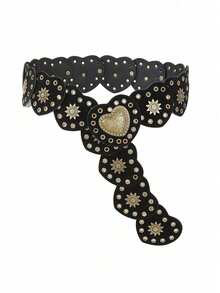 Hershine 1 件女式，心形装饰，金色铆钉拼布腰带，天鹅绒面料，复古，波西米亚风格，搭配连衣裙、裙子、休闲装、朋友聚会、派对、节日、送给朋友、妈妈、家人、女朋友、生日、情人节、母亲节、夏季、学校秋季、秋季、万圣节的礼物