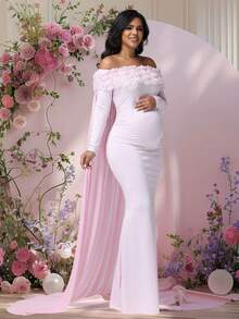 JustVH Maternity Floral Off-Shoulder Dress For Baby Shower, Long Sleeves Mesh Cloak Maxi Women Outfit Photoshoot Prop - 粉色 - 查看 5