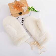 Korean Version Warm Plush Cute Fashion Gloves For Girls Winter Warm Plush Thickened Full Finger Gloves For Autumn And Winter - 加厚加大米色帶掛扣 - 查看 2