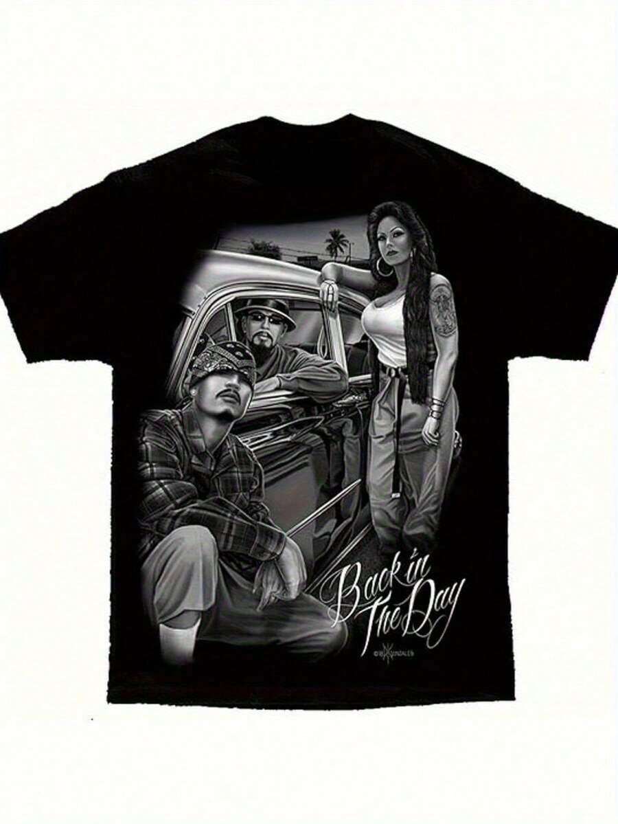 David Gonzales Retro Lowrider-Shirt - Vintage Car & Back In Day Graphic, Chola Cultural Art, G Heavyweight Cotton, Regular Fit Short Sleeve Tee Men, Casual Streetwear, Hand Wash Only, Breathable Summer Top, Bohemian Fashion Shirt, Comfortable Fabric - màu đen - Xem 1