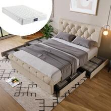 (=131498AAN) Upholstered Double Bed 140x200cm, Bed Frame With 4 Drawers And Height-Adjustable Headboard, Chesterfield Functional Bed, Natural, With Mattress
