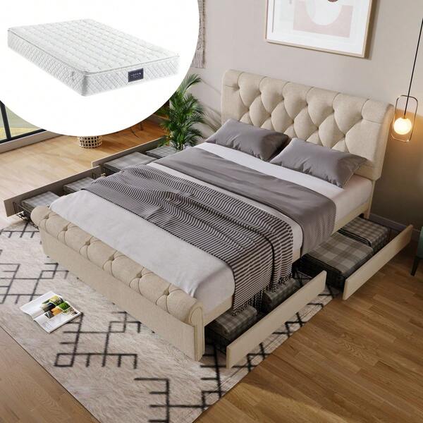 (=131498AAN) Upholstered Double Bed 140x200cm, Bed Frame With 4 Drawers And Height-Adjustable Headboard, Chesterfield Functional Bed, Natural, With Mattress