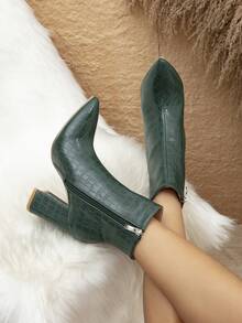 女士时尚新款靴子，军绿色鳄鱼纹PU皮革，简约性感百搭，通勤、办公、派对皆宜，侧拉链超高粗跟尖头踝靴，机车靴 - 軍綠色 - 查看 5