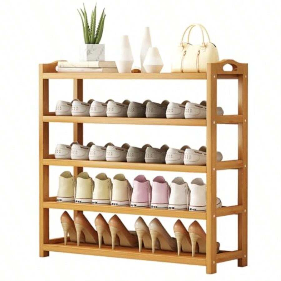 5 TierWooden Shoe Rack Shoe Cabinet MultiLayer With Round Handle Space Storage Rack Suitable For Kitchen Household Living Room Entrancee 100x25x90cm - As Pic - View 1