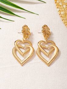 1对时尚波西米亚风花朵爱心耳环 - 金色 - 查看 4