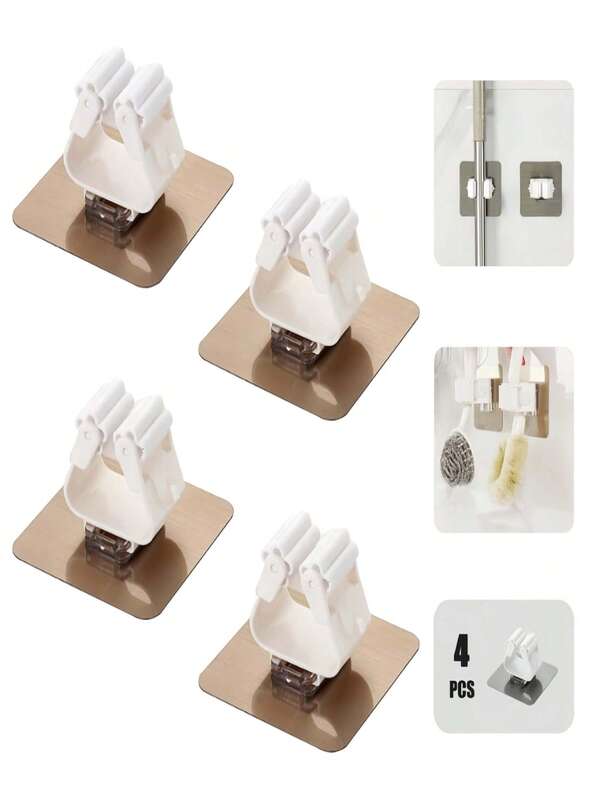 4 Packs No-Drill Wall-Mounted Heavy-Duty Mop Hooks, Multi-Functional Bathroom Tool Storage Clips, Max Load Capacity 3000g/6.6lb, Mop Clips, Mop Rack, Convenient Bathroom Accessories, Cleaning Tools, Suitable For Storing Mops, Brooms, Towels, Bath Sponges, Windshield Wipers, Etc.