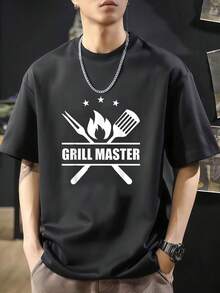 Camiseta de poliéster de calidad para parrilla, barbacoa, diversión, temporada de parrilla, barbacoa, barbacoa. Camiseta de manga corta de algodón de 220 g, impresión por una cara - Negro - Ver 1