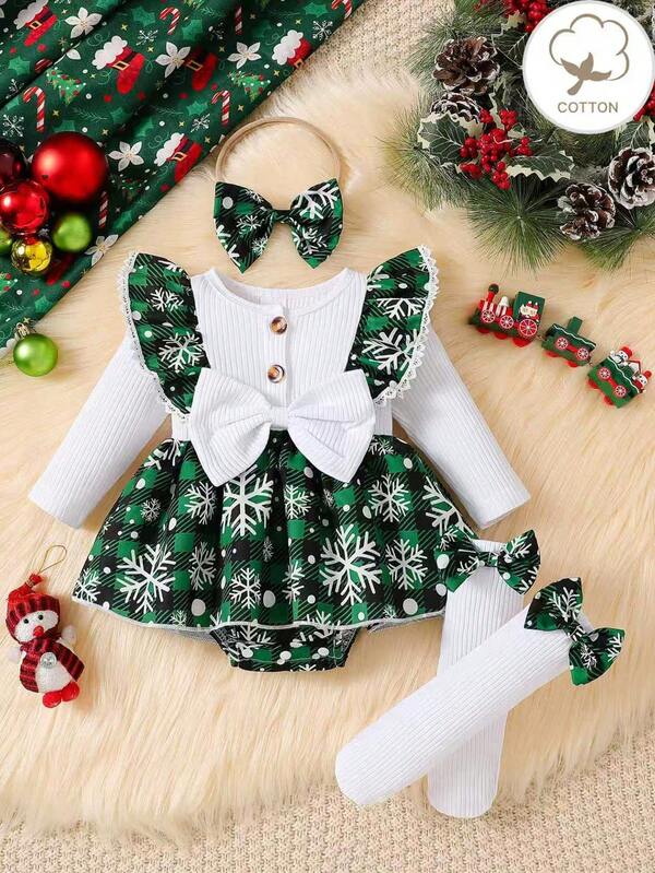 Conjunto de 3 piezas de ropa navideña para bebé niña recién nacida - Pelele con cuello redondo, decoración de botones y lazo, estampado de cuadros y copos de nieve, calentadores de piernas con lazo y diadema, adecuado para Navidad