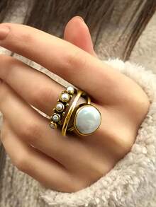 1 件复古风格多层人造珍珠鸡尾酒戒指女士时尚珠宝配饰