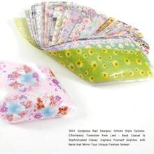 300Pcs Flowers Nail Foil, Holographic Nail Art Foil Flower Transfer Foils Paper 3D Floral Nails Stickers Fingernail Wraps Decals Manicure Design Kit Nails Decoration - No1 - 查看 5