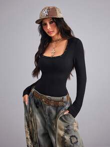 Ropa de invierno para mujer Ella Vee, body de cuello cuadrado para mujer; body forrado de forro polar con estrellas; body de punto elástico; ropa de invierno sexy y de moda; body para fiesta y vacaciones; conjunto para cita nocturna, body/body negro para mujer