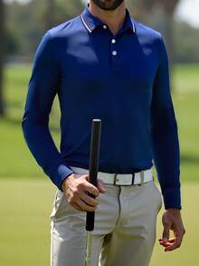 Men's Contrast Trim Long Sleeve Golf Polo Shirt, Half Button Collar Color Soft Light Block Business Casual Work Shirt For Boyfriend Gift, For Golf, For Daily Wear, For Tennis, For Spring/Autumn - Navy Blue - View 6