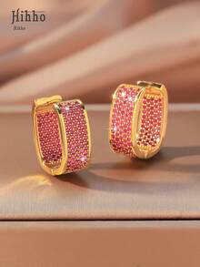 Hihho 1 对优雅金色闪亮蓝色和绿色方晶锆石装饰耳环，情侣首饰，节日/情人节礼物 - 金色 - 查看 12