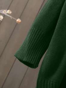 Plus Size Women's Solid Color V-Neck Drop Shoulder Long Sleeve Loose Casual Knit Dress, Autumn/Winter - Dark Green - View 4