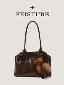 1pc FEISTURE Women's PU Leather Underarm Bowling Bag, Fashion Shoulder Bag With Cartoon Pendant, Suitable For Daily Outing, Dating, Commuting - Coffee - View 2