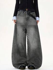 1 chiếc quần jeans ống rộng dáng suông Hearty Haven, phong cách thường ngày, đa năng, thích hợp mặc đường phố. - Màu Xám nhạt - Xem 3