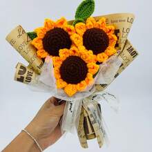 onEternal باقة زهور عباد الشمس المصنوعة يدويًا بالكروشيه، زهور خيطية دائمة لديكور المنزل هدية، مناسبة للأعياد والمناسبات مثل عيد الحب وعيد الأب وعيد الأم والتخرج - أصفر - مشاهدة 4