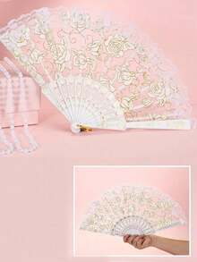 40pcs/20pcs/4pcs Elegant Vintage Rose Lace Floral Hand Fans, Vintage Style White Rose Folding Hand Fans, Includes 5pcs Fans, 5pcs Thank You Cards, 5pcs Tassels And 5pcs Organza Bags, White And Gold Floral Pattern, With Tassels, Suitable For Weddings, Bridal Showers, Parties And Church Decorations, Balls And Party Props, Church Wedding Decor