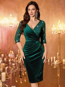 MIUSOL V-Neck Sequin Floral Lace Contrast Velvet Ruched Waist 3/4 Sleeve Cocktail Party Bodycon Dress - Dark Green - View 5